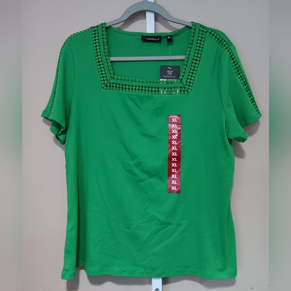 Rafaella Women's (Size XL) Kelly Green Crochet Lace Trims Squareneck Top (NWT) - Picture 1 of 7